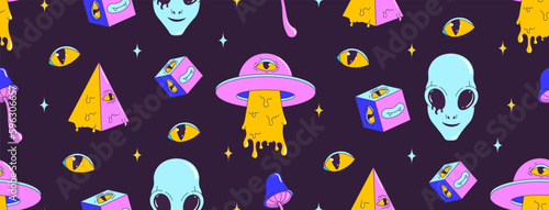 Psychedelic seamless pattern with weird cartoon character and elements. Alien, mushroom, cube, pyramid, flying saucer. Contemporary trendy vector illustration.