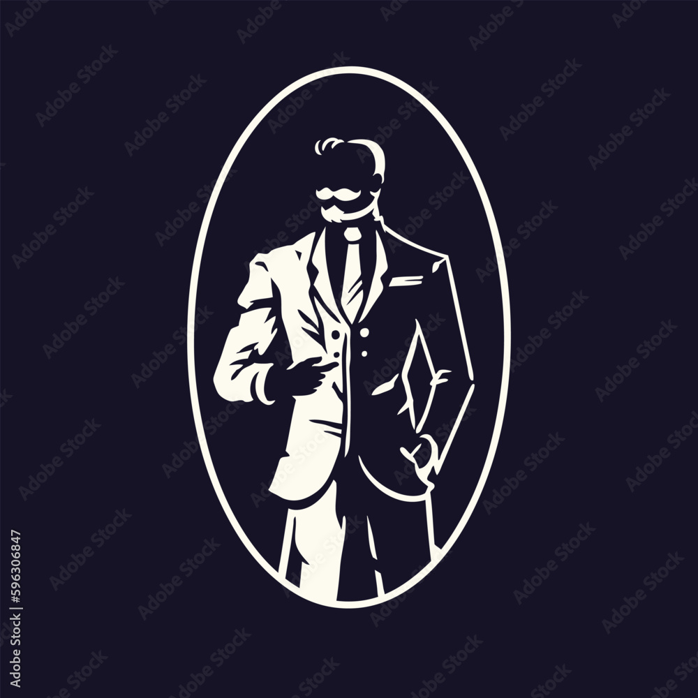A man in a suit and mustache beard stands in a oval frame for a logo design