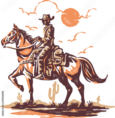 A cowboy riding a horse in the desert with a vintage retro style  © krizvector