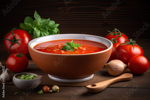 Traditional spanish gazpacho soup in bowl with ingredients on wooden table. Ai generative
