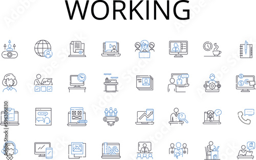 Working line icons collection. Laboring, Engaged, Employed, Occupied, Operating, Serving, Toiling vector and linear illustration. Functioning,Handling,Pursuing outline signs set