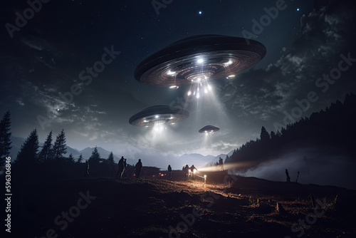 ufo wave flying at night above a forest. Ai generative