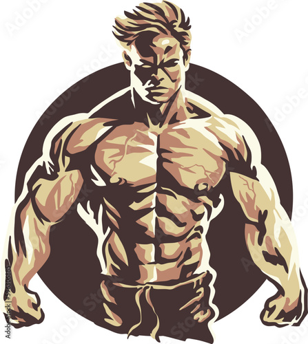 A cartoon illustration of a bodybuilder strongman with a circle in the background
