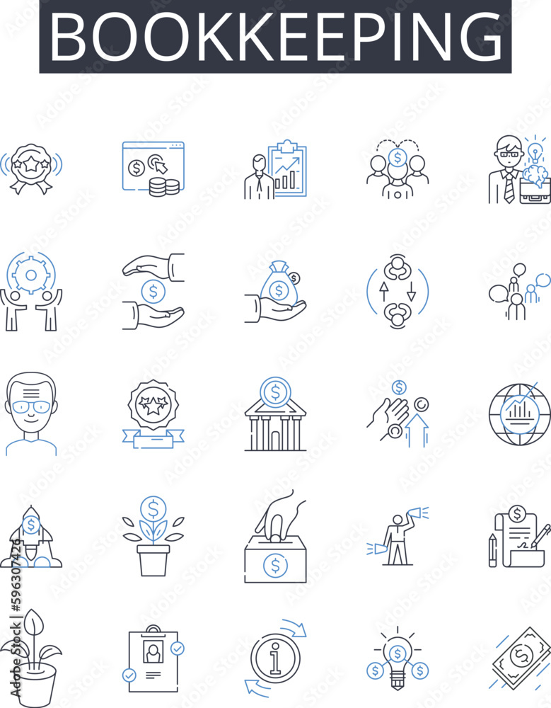 Bookkeeping line icons collection. Accounting, Taxation, Financial planning, Record-keeping, Budgeting, Fiscal management, Payroll processing vector and linear illustration. Ledger management,Cash