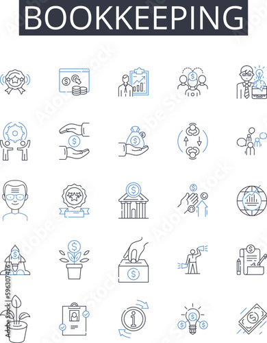 Bookkeeping line icons collection. Accounting, Taxation, Financial planning, Record-keeping, Budgeting, Fiscal management, Payroll processing vector and linear illustration. Ledger management,Cash