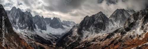 A Towering Mountain Range With Snowy Peaks Panoramic Background. Generative AI © Ян Заболотний