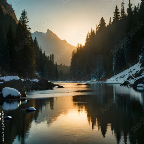 Impressive Nature With Sunrise Lake Snow and Trees Immense Beauty Of The Nature 