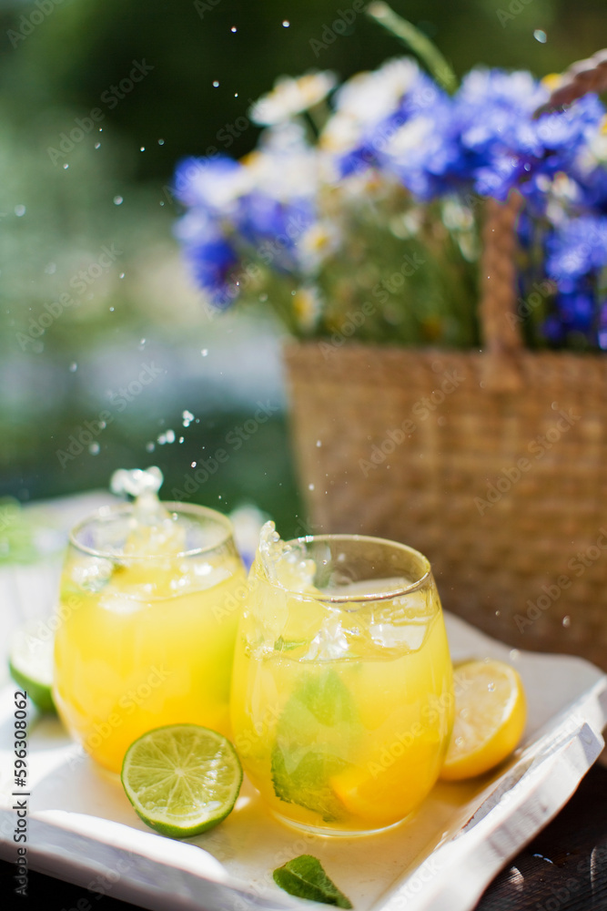 Glasses with lemonade and mint summer Glasses with lemonade and mint summer