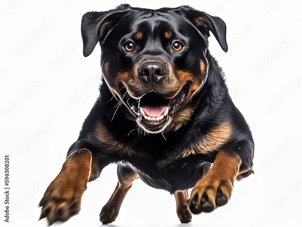 Generative ai illustration of a jumping rottweilers in studio