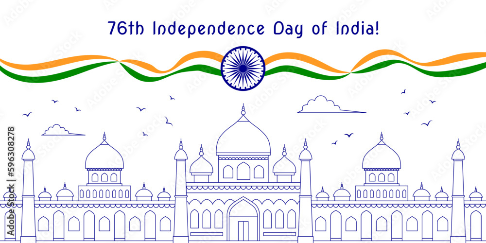 76th Indian Independence Day postcard with national symbols and line art architectural drawings of typical Indian buildings.