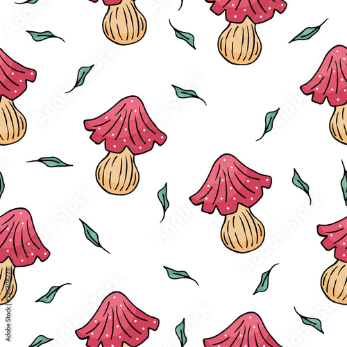 Seamless pattern of amanita mushrooms with pink hat on white background. great for mobile wallpaper, gift paper, fabric and others. Vector 