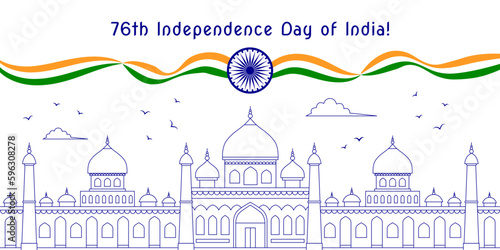 76th Indian Independence Day postcard with national symbols and line art architectural drawings of typical Indian buildings.