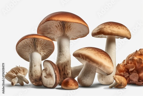 Illustration of various mushrooms on a white background. Generative AI