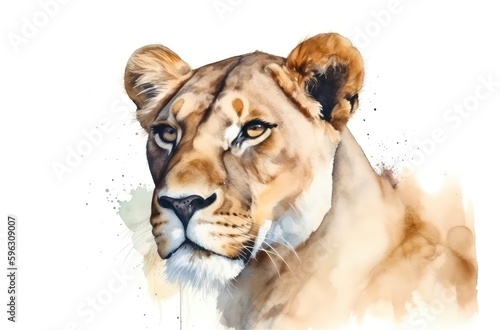Watercolor portrait of a beautiful lioness on white background. Generative AI.