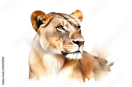 Watercolor portrait of a beautiful lioness on white background. Generative AI.