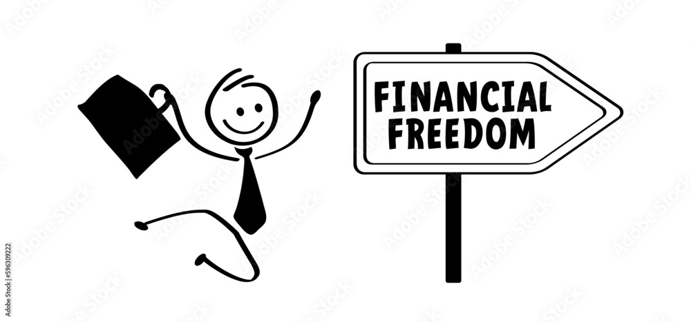 Cartoon stickman with financial freedom signboard. Key to money, financial concept. Debt free direction. Out of bankruptcy improve finances. Business concept. Passive income. Stick man is happy. Cartoon stickman with financial freedom signboard. Key to money, financial concept. Debt free direction. Out of bankruptcy improve finances. Business concept. Passive income. Stick man is happy.