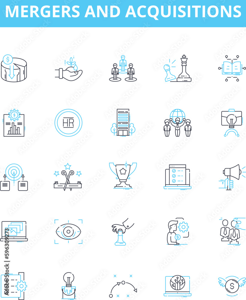 Fototapeta premium Mergers and acquisitions vector line icons set. Mergers, Acquisitions, Consolidation, Buyouts, Merging, Hostile, Takeovers illustration outline concept symbols and signs