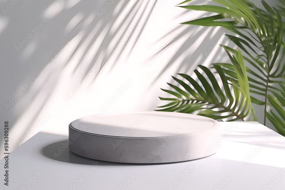 Stone display plate in front of white concrete wall with shadows casted from plants. Product display element photography. AI generated. Stone display plate in front of white concrete wall with shadows casted from plants. Product display element photography. AI generated.