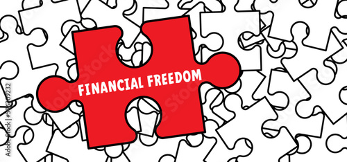 Cartoon jigsaw puzzle, puzzel pieces connection and slogan financial freedom. Key to money, financial concept. Debt free direction. Out of bankruptcy improve finances. Business concept. 
