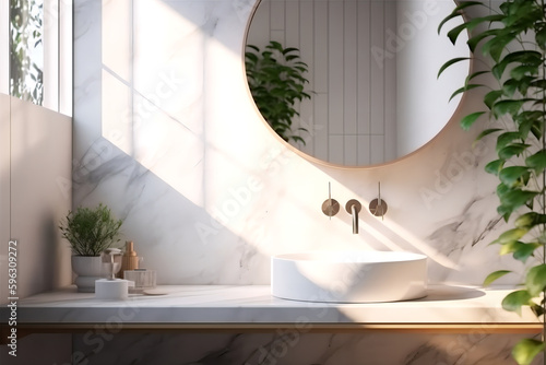 Modern bathroom with minimalistic desgin. Circular mirror with marble counter top and wall. Plants cast shadows on wall and into the room. AI generated.