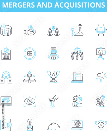Mergers and acquisitions vector line icons set. Mergers, Acquisitions, Consolidation, Buyouts, Merging, Hostile, Takeovers illustration outline concept symbols and signs