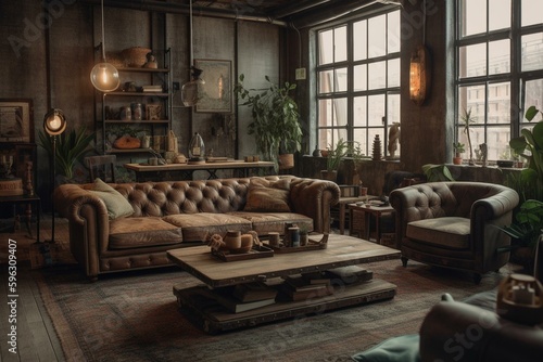 Vintage, industrial living room in loft. Generative AI