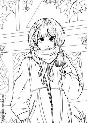 Cool yong japanese girl . Coloring book page for adult in cartoon comic doodle style. Black and white vector illustration. EPS 10