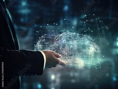 Geschäftsmann berührt Cloud Computing Netzwerk. Cloud Technologie für sichere Online Datenspeicherung und Datenübertragung in Unternehmensnetzwerken,  ,Generative AI