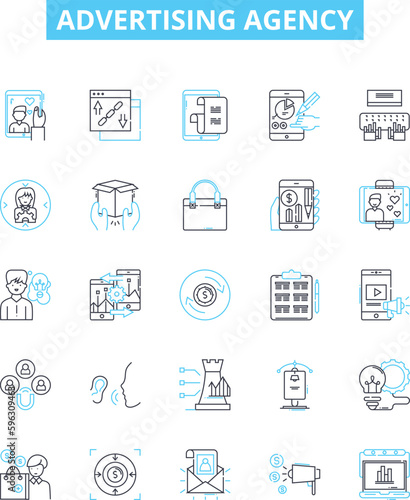 Advertising agency vector line icons set. Agency, Advertising, Promotion, Publicity, Media, Marketing, Creative illustration outline concept symbols and signs