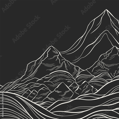 Freehand Sketch of a mountain landscape with thin graceful lines. Linear mountains on a black background.