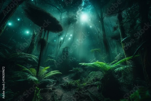 Magical aurora lights up cinematic rainforest, creating a space-like atmosphere. Generative AI