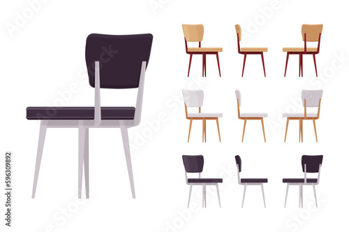 Chairs big set for dining  kitchen  living  guest room. Vacation house  reading  tea corner or comfort desk seat. Vector flat style cartoon home  office articles isolated on white background
