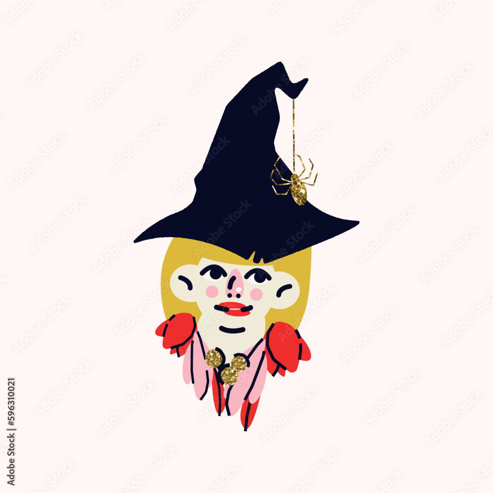 Stylish illustration with a girl witch in a carnival hat with a spider. Vector print, design, postcard, portrait. Halloween