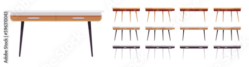 Rectangular writing desk with drawers, workstation big set. Functional furniture for work and study, contemporary interior. Vector flat style cartoon home, office articles isolated on white background