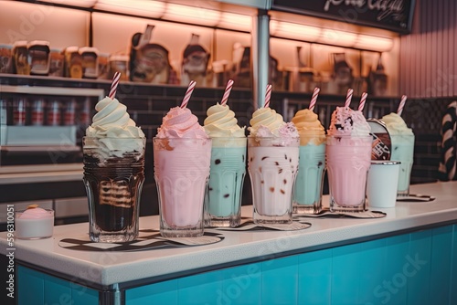 retro diner, with milkshakes, sundaes and soft drinks on the menu, created with generative ai photo