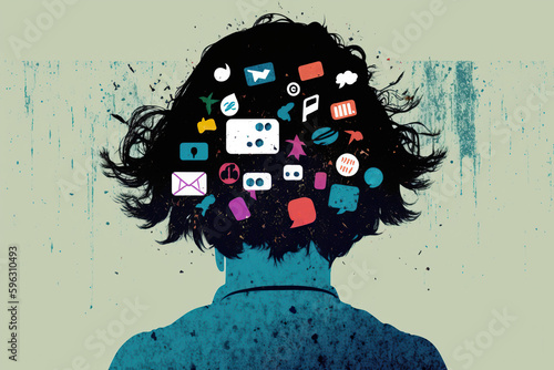 a stressed person surrounded by social media icons, created with Generative AI technology