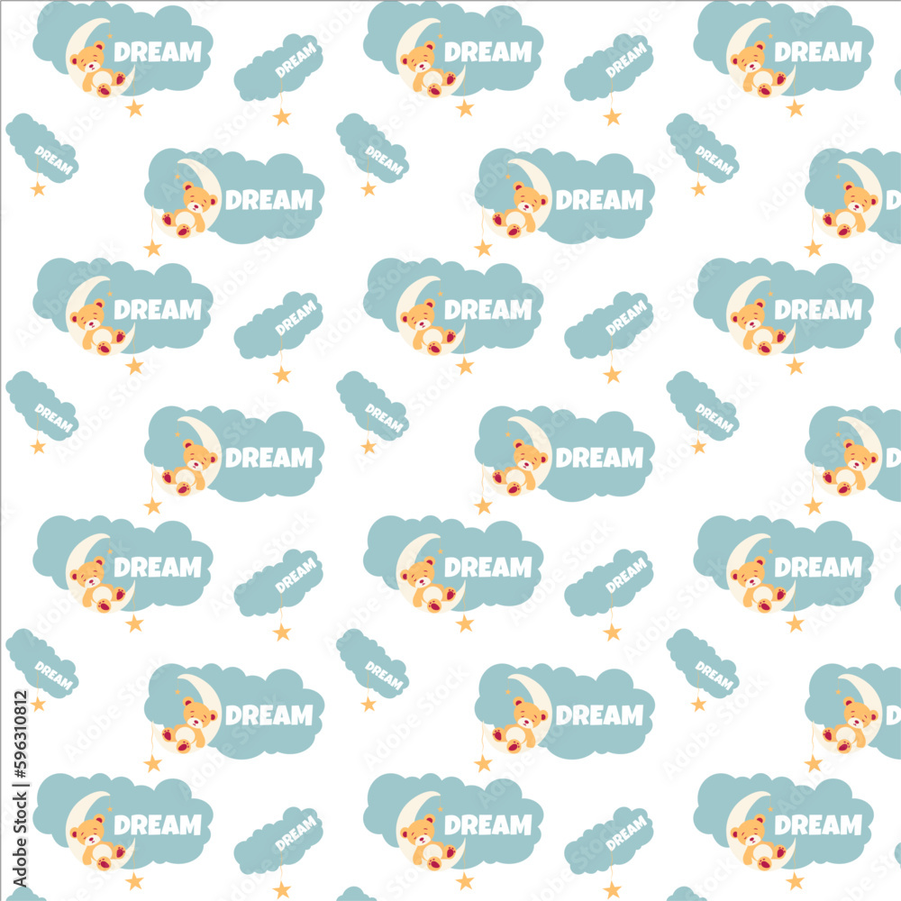 Naklejka premium Pattern depicting a sleeping bear cub on the moon with stars and clouds vector image