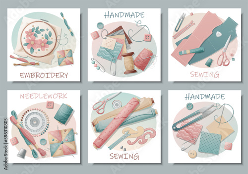 Set of postcards with sewing tools. Embroidery, sewing, needlework, handmade, hobby. Banner, flyer for sewing workshops, ateliers, sewing courses