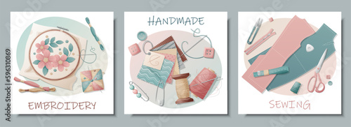 Set of postcards with sewing tools. Embroidery, sewing, needlework, handmade, hobby. Banner, flyer for sewing workshops, ateliers, sewing courses