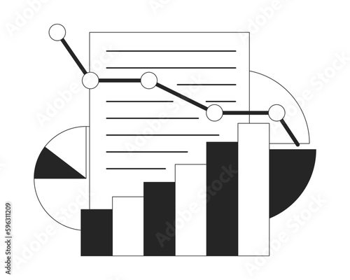 Sales growth planning flat line black white vector icon. Line graphs with pie charts. Editable cartoon style concept. Simple isolated outline spot illustration for web graphic design and animation