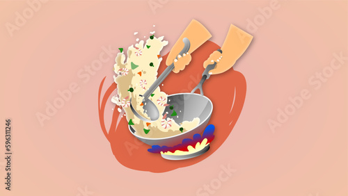 Vector image of frying food in a Chinese style frying pan