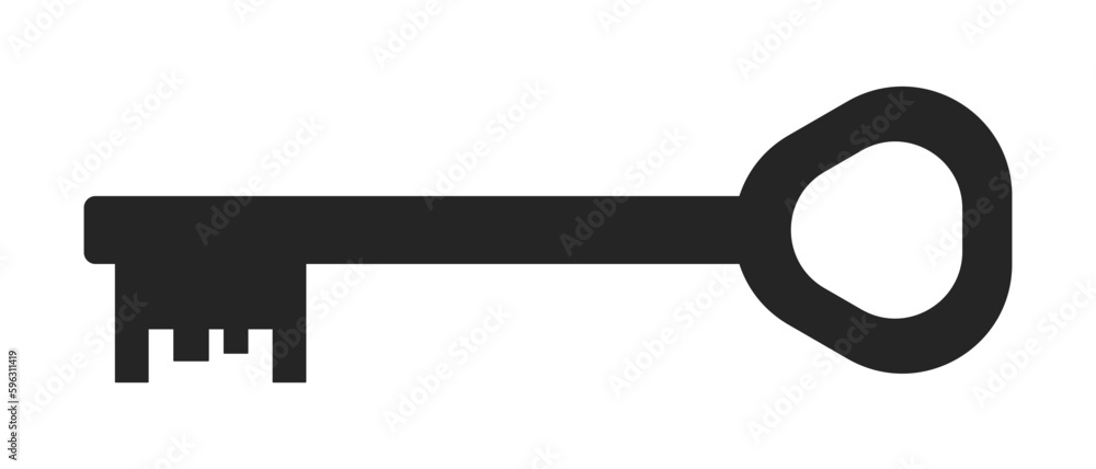 Antique old fashioned key silhouette flat line black white vector object. Editable cartoon style icon. Functional tool. Simple isolated outline spot illustration for web graphic design and animation Antique old fashioned key silhouette flat line black white vector object. Editable cartoon style icon. Functional tool. Simple isolated outline spot illustration for web graphic design and animation