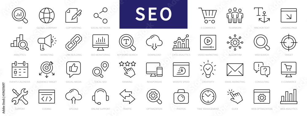 Search Engine Optimization - SEO thin line icons set. SEO icon collection. Web Development and Optimization icons. Vector illustration - obrazy, fototapety, plakaty 
