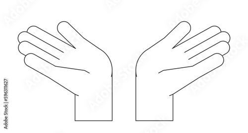 Two bare palms raising up flat line black white vector first view hands. Editable isolated outline icon. Praising god simple cartoon style spot illustration for web graphic design, animation