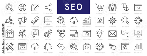 Search Engine Optimization - SEO thin line icons set. SEO icon collection. Web Development and Optimization icons. Vector illustration
