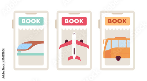 Booking bus, train, plane tickets app flat concept vector spot illustration set. Editable 2D cartoon objects on white for web UI design. Reservation creative hero image pack. Jost Extrabold font used