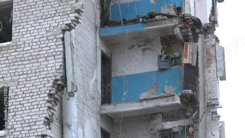 A destroyed high-rise building during hostilities in the Kharkiv region of Ukraine