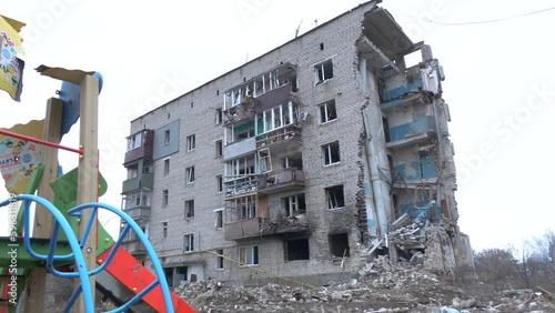 A destroyed high-rise building during hostilities in the Kharkiv region of Ukraine