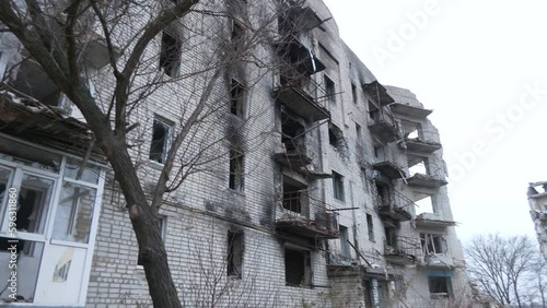 A destroyed high-rise building during hostilities in the Kharkiv region of Ukraine