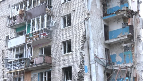 A destroyed high-rise building during hostilities in the Kharkiv region of Ukraine